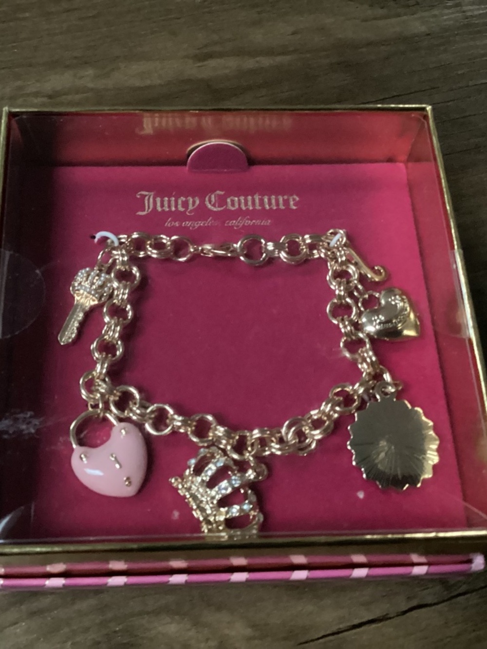 Juicy Couture Charm Bracelet with Heart, Crown, and Key Charms NIB
